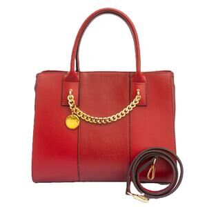NARCISA Red Leather Satchel Handbag Gold Chain Double Compartment Shoulder Bag
